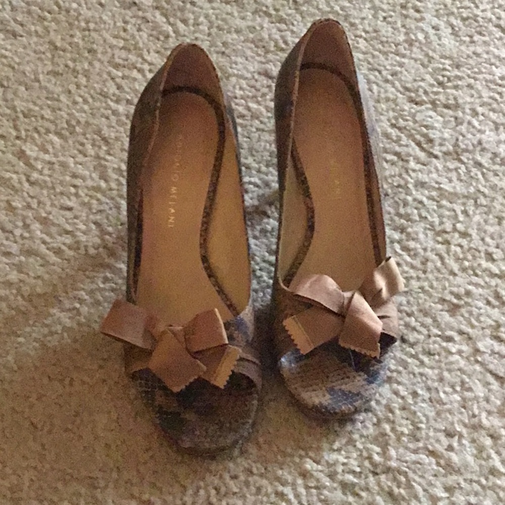 Antonio Melani snake skin peep toe heels with bows